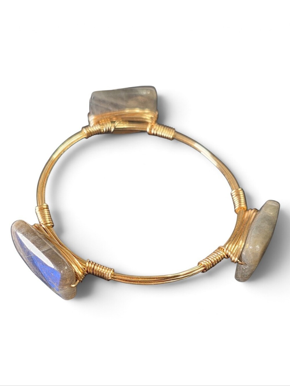 Goldtone Wire Wrapped Labradorite Stone Bangle Bracelet